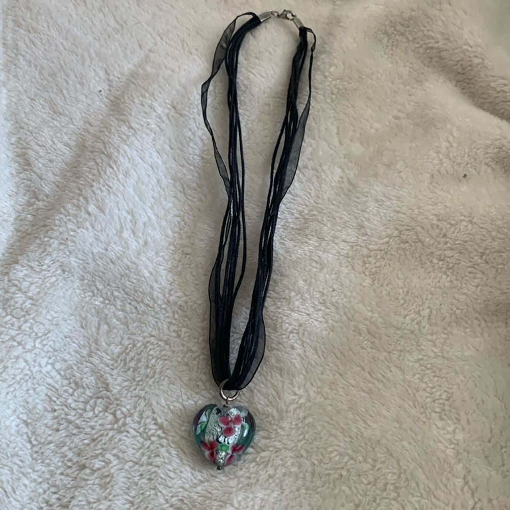 Heart Pendant On Black Leather And Ribbon